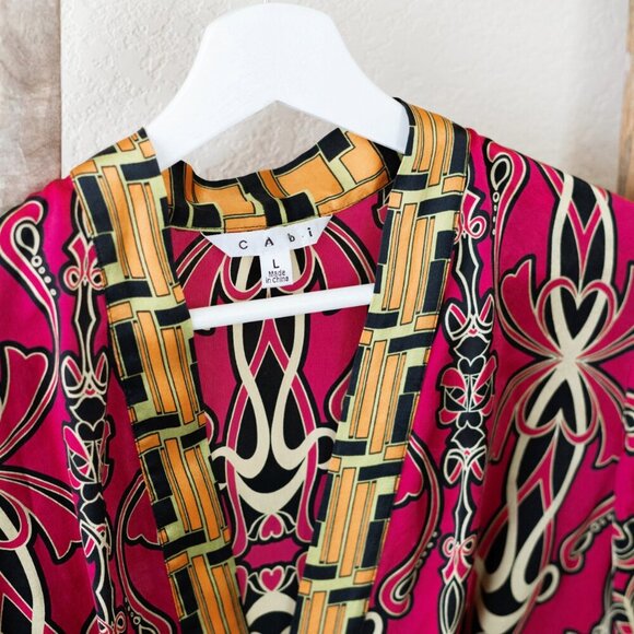 CAbi Chelsea Tunic SzL Colorful 100% Silk Babydoll Empire Waist Tie 3/4 Sleeve - Picture 3 of 9